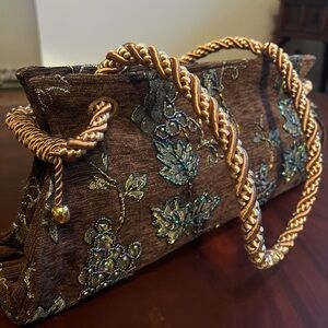 Embroidered Brown Handbag with Gold Accents